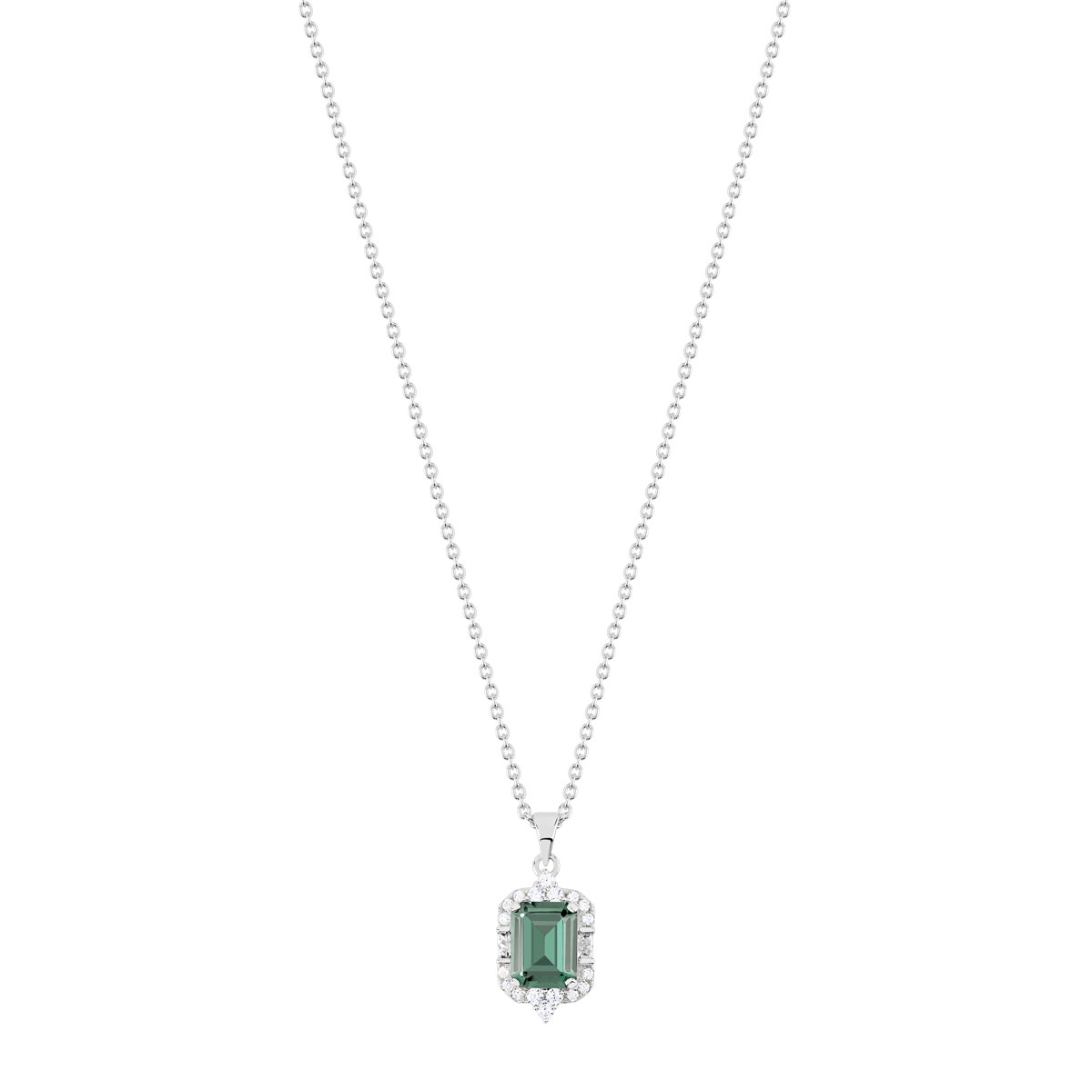 Collier argent 925 pierre verte rectangulaire et zirconias 45 cm