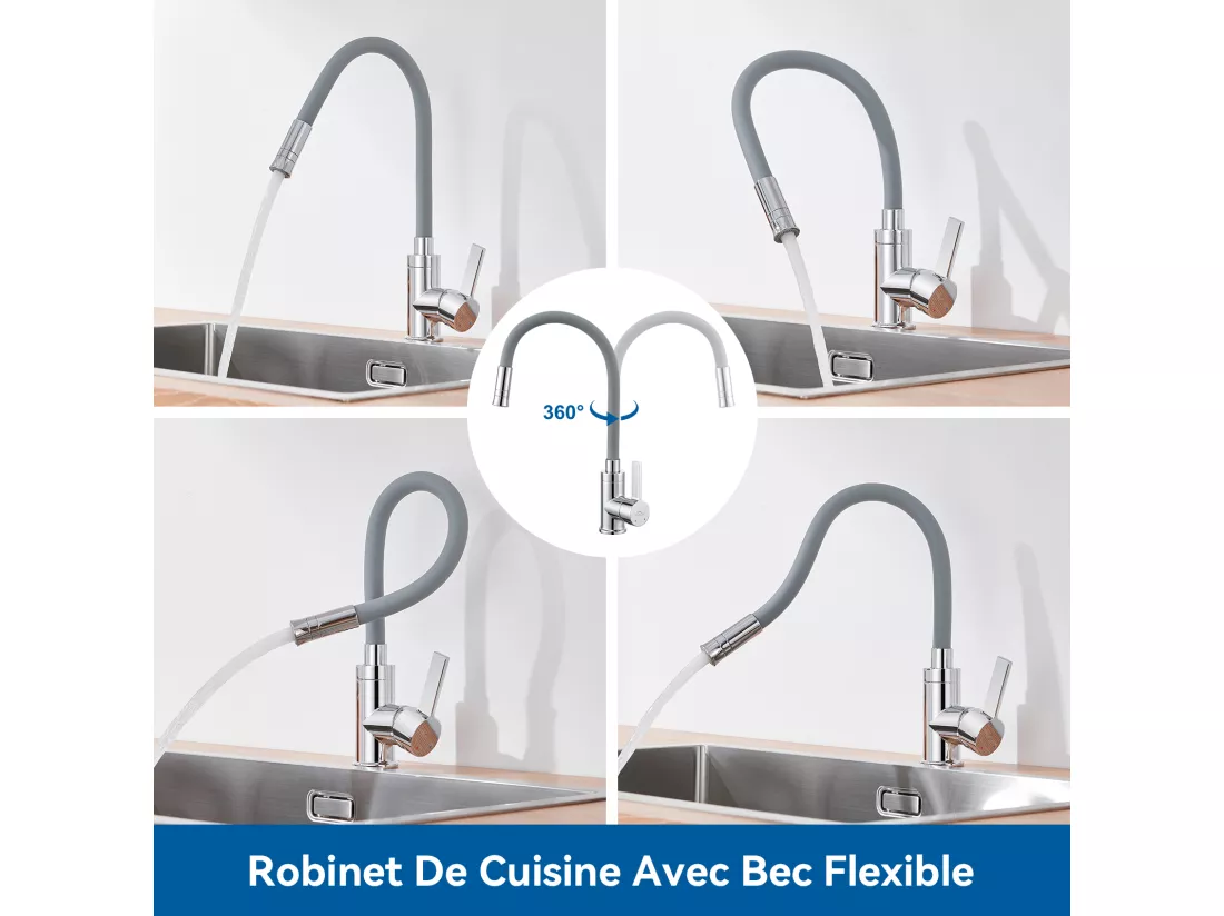 Mitigeur de Cuisine avec Tuyau En Silicone Flexible Déformable Robinet d'Evier avec 2 Types de Jets,Robinetterie Cuisine pivotant à 360°-Gris