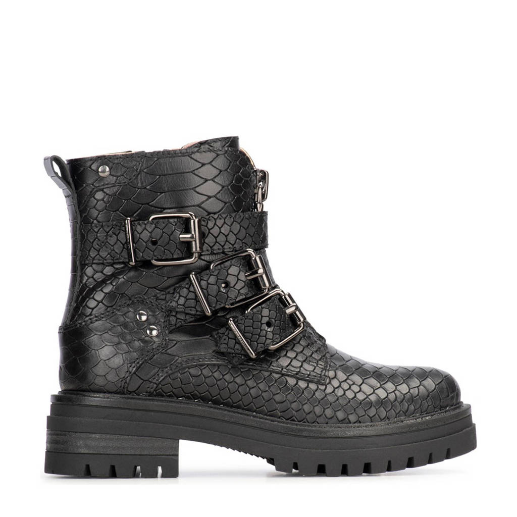 PS Poelman Monkleren enkelboots met crocoprint zwart
