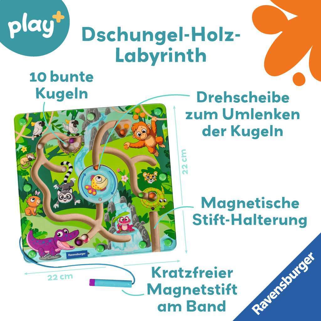 Ravensburger Spiel Play+ Magnetisches Holz-Labyrinth: Dschungel