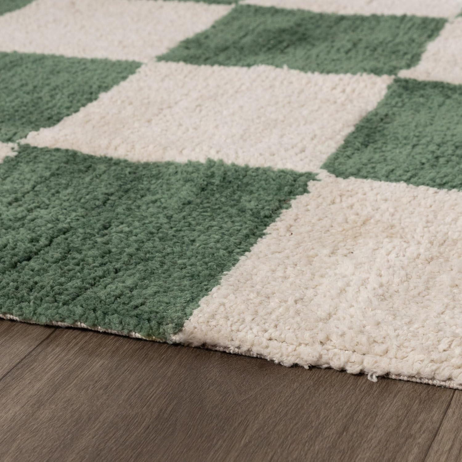 FRAAI | Home & Living Teppich Kariert - Blox Grün Weiß - Baumwolle, Polyester - Hochflor - Blöcke, Kariert - Waschbar in Waschmaschine - Modern - Wohnzimmer, Schlafzimmer, Büro - Carpet