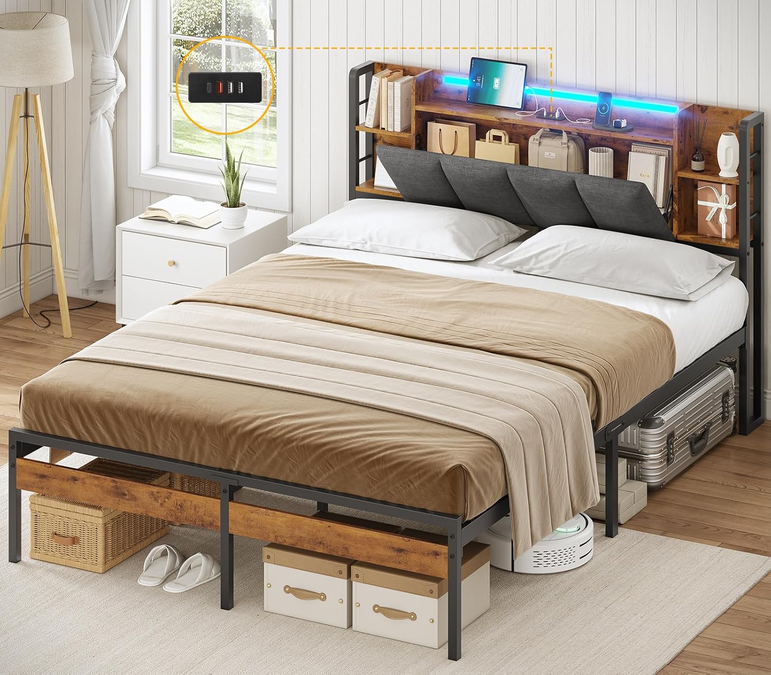 AOGLLATI Bettgestell 140x200 mit LED-Beleuchtung und USB-Ladefunktion, Metallbett Bettrahmen mit Stauraum-Kopfteil Bett mit Gepolstertem Kopfteil Jugendbett Doppelbett mit Lattenrost(140 x 200 cm)