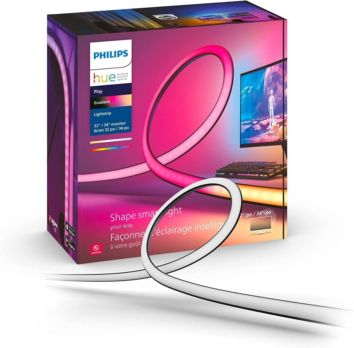 Philips Hue White & Color Ambiance Play Gradient, PC Lightstrip für 32-34 Zoll, dimmbar, 16 Mio. Farben, steuerbar via App, kompatibel mit Amazon Alexa (Echo, Echo Dot)