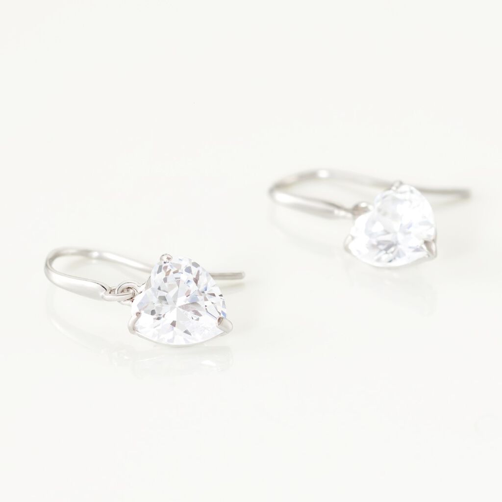 Boucles D'oreilles Pendantes Bo Coeur Pm Or Blanc Oxyde De Zirconium