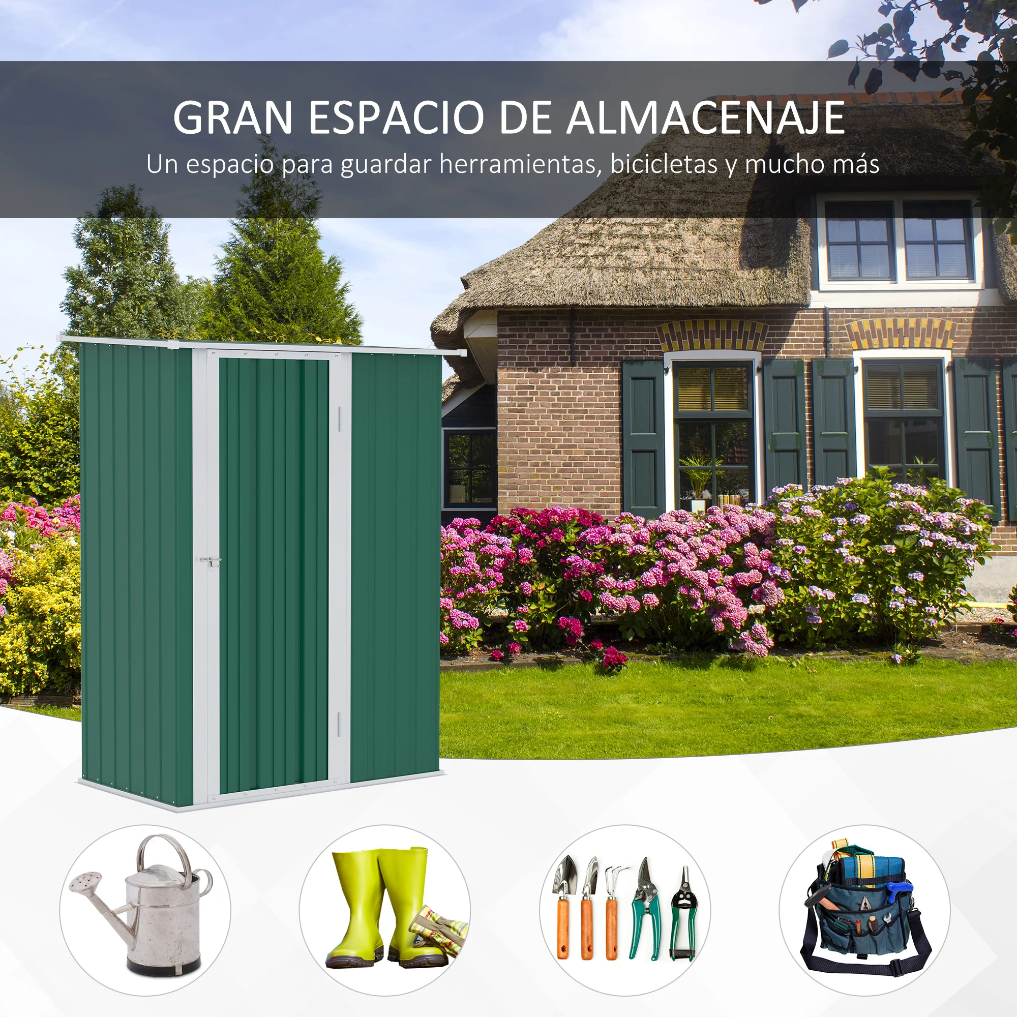 Casinha de metal Outsunny para exterior com porta com fechadura e orifícios de drenagem para armazenamento.