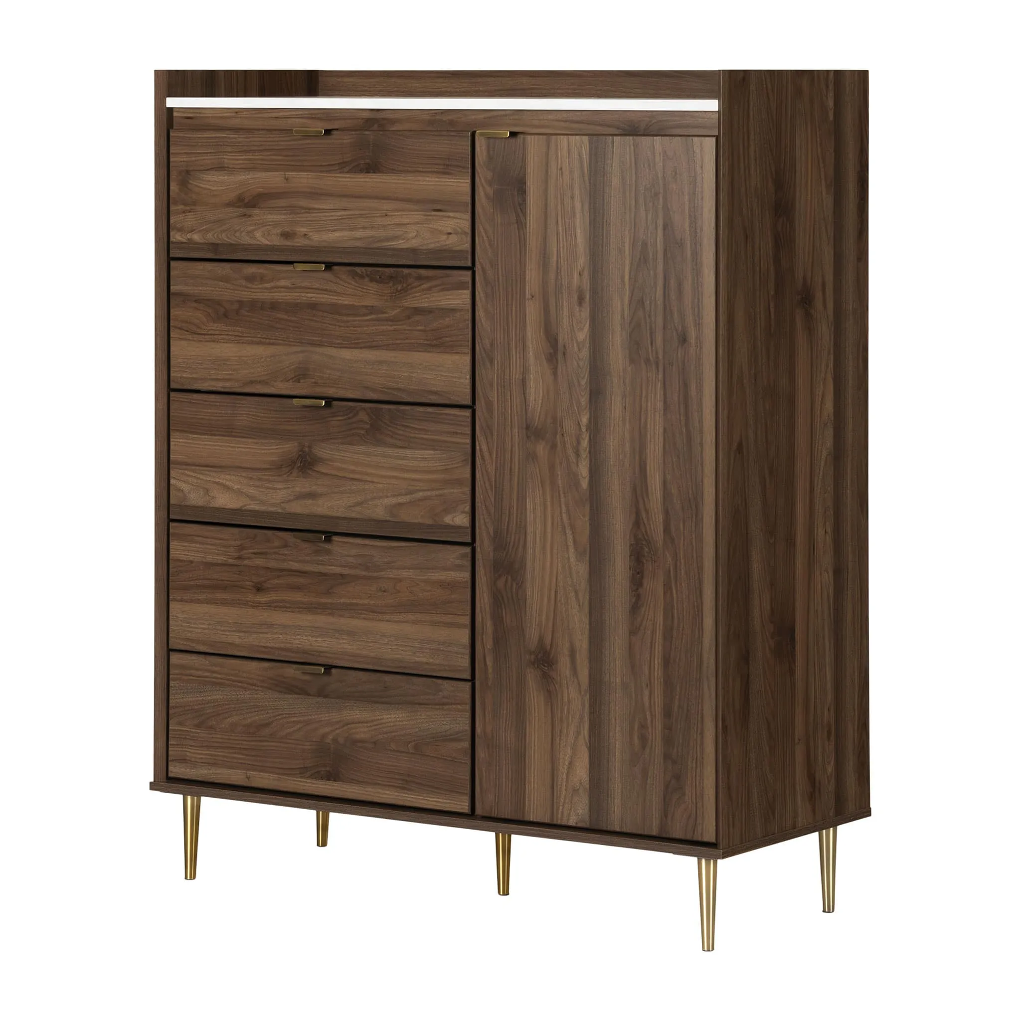 South Shore Commode à porte 5 Tiroirs - Hype Noyer naturel et Marbre carrara