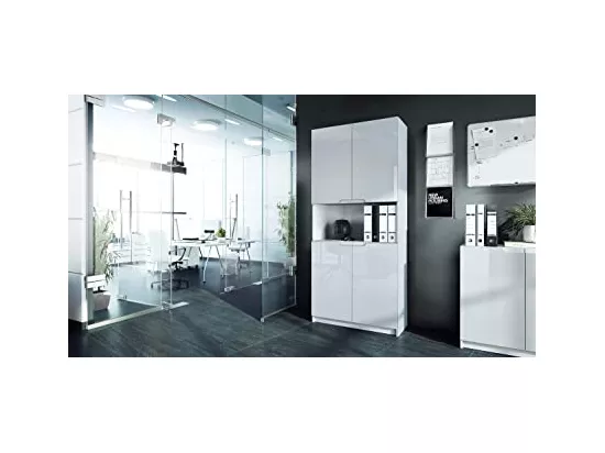 Armoire de rangement avec 5 compartiments et 4 portes, blanc mat/blanc haute brillance (82 x 184 x 37 cm)