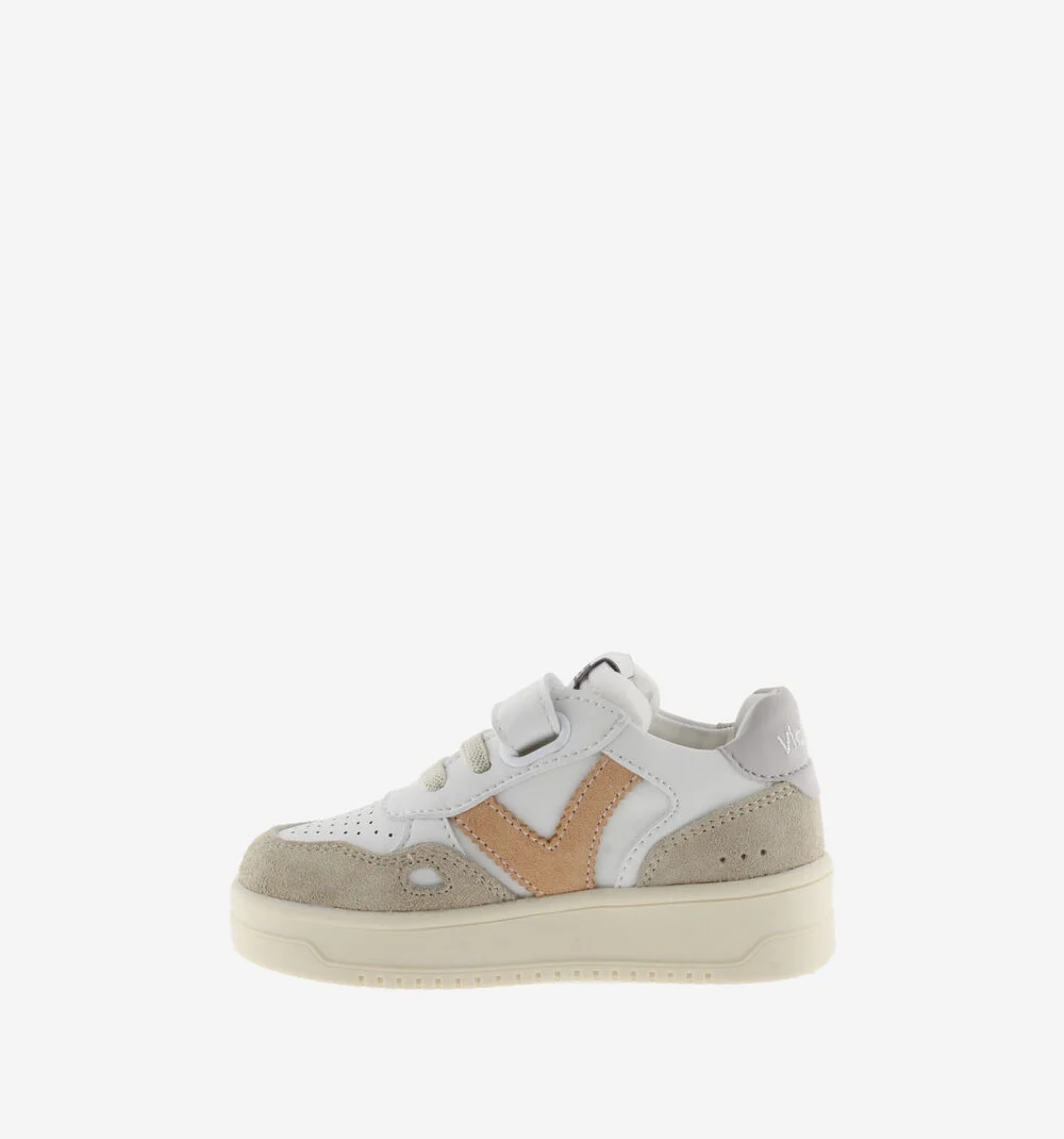 SEUL BRIDE EFFET CUIR & CUIR FENDU Baskets à semelles beiges pour enfant GRIS