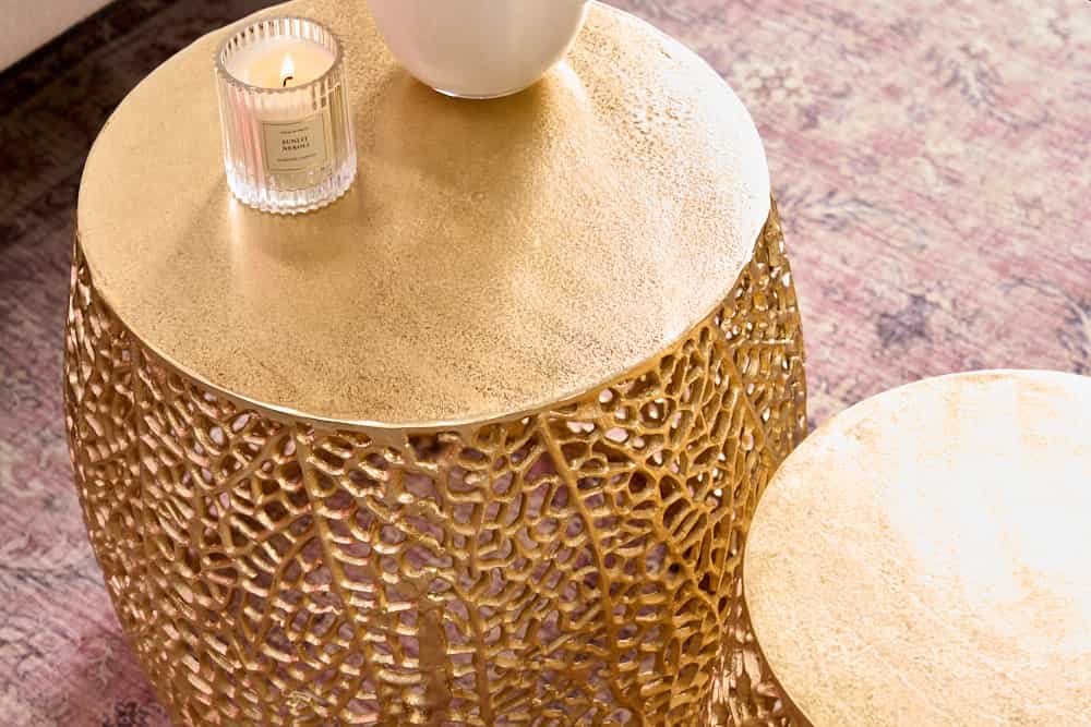 2er Set Filigraner Design Couchtisch ABSTRACT LEAF gold Handarbeit Metall rund