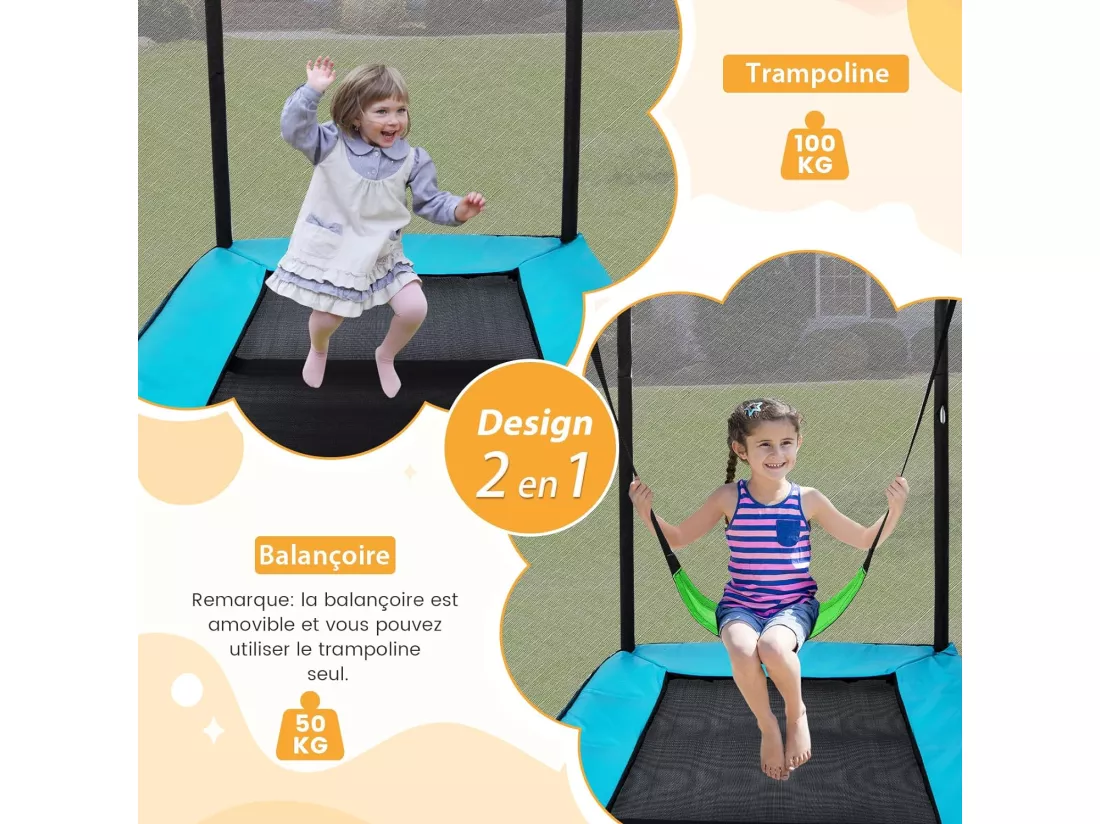 2 en 1 Trampoline Extérieur Enfants Rectangulair (190x122cm) avec Balançoire Amovible, Trampoline de Jardin avec Filet de Sécurité, Charge Max 100kg pour Garçon et Fille de 3 Ans+ (Bleu)