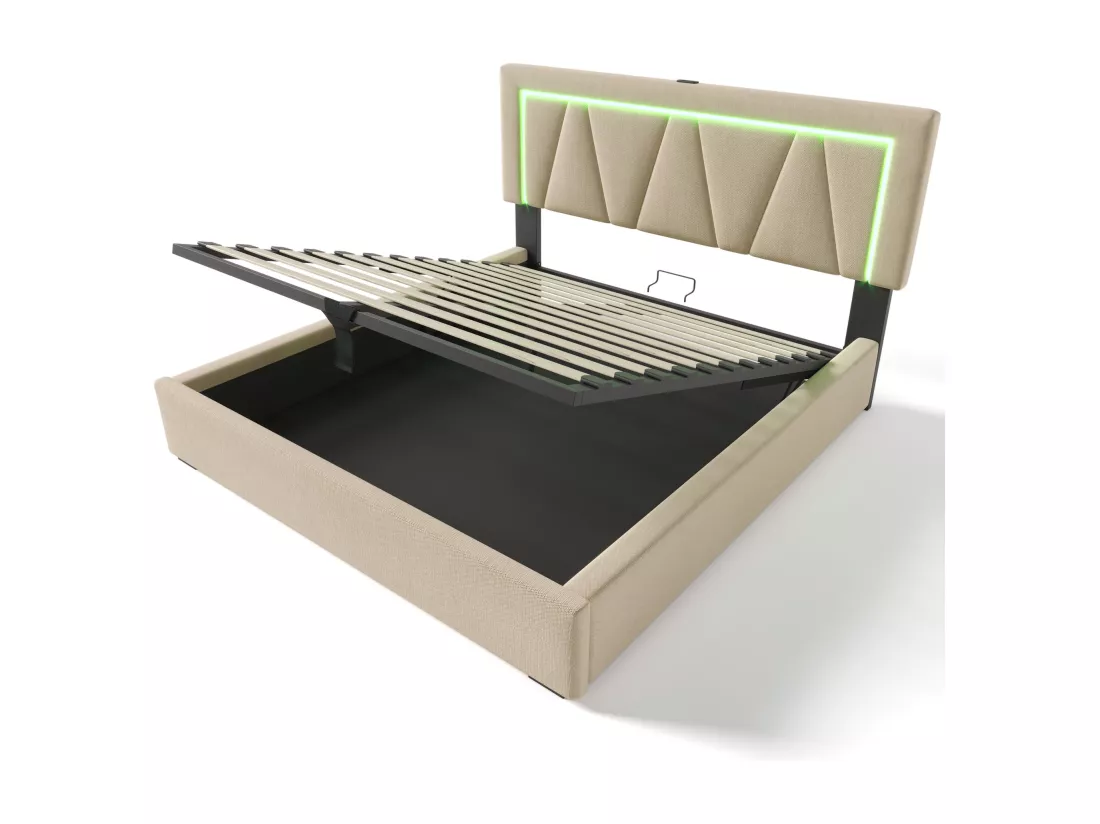 Lit coffre 140 x 200 cm pour adulte - USB + Type C + LEDs - tissu lin - beige