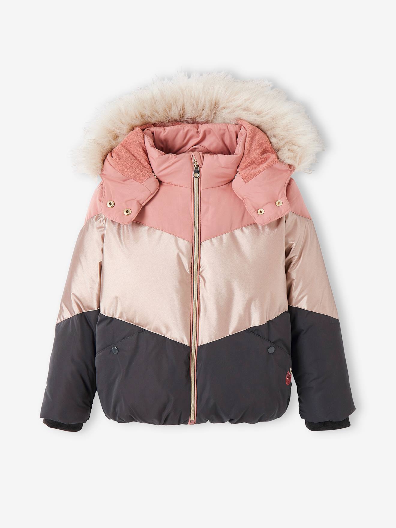 Jaqueta acolchoada colorblock com capuz e forro de lã, para meninas, rosa claro liso com estampas.