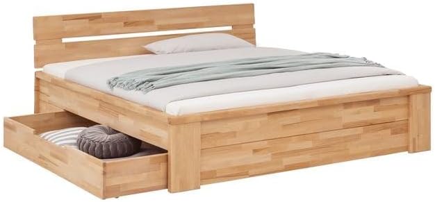 Tamira Massivholzbett Doppelbett 140x200 cm Kernbuche geölt mit Schubladen Stauraum Natur Komforthöhe Parkettverleimt, Belastbarkeit: 160 kg, Bettgestell