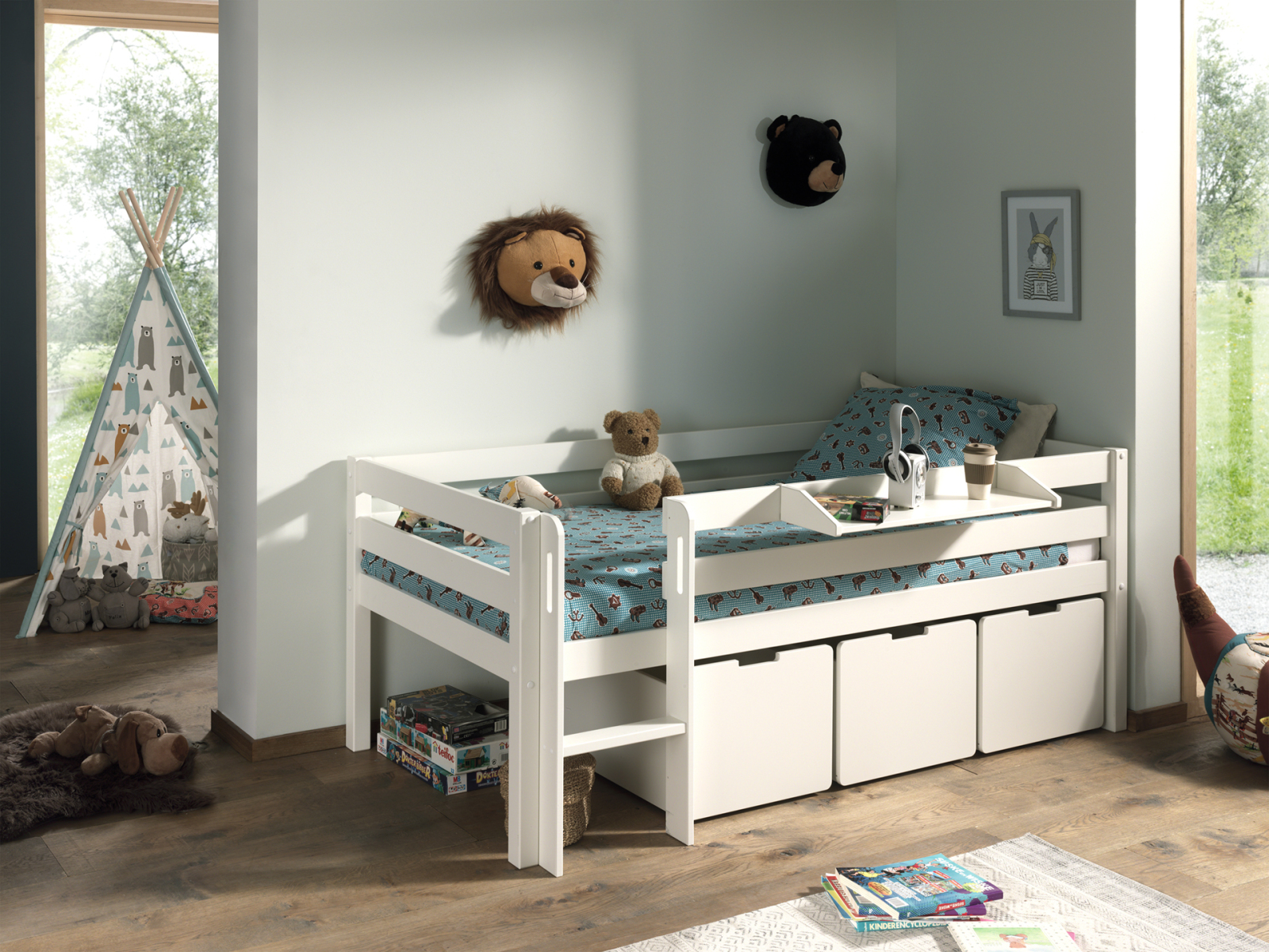 Kojen-Spielbett - weiß - Leiter - Schubkästen - Regal - 90x200 cm