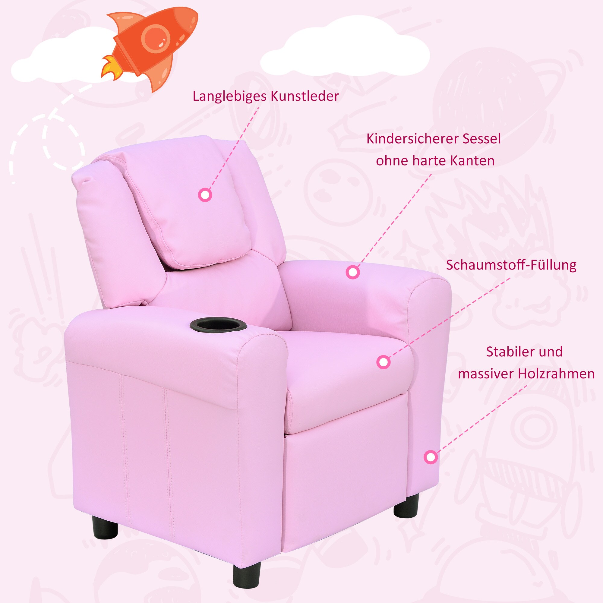 HOMCOM Kindersessel mit Liegefunktion rosa 62 x 56 x 69 cm (BxTxH)