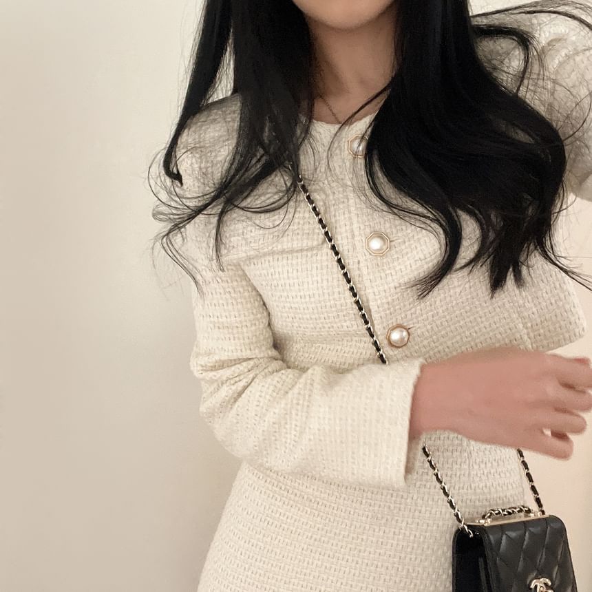 MIKIGA - Tweed imitatieparel knoopjasje / hoge taille mini A-lijn rok