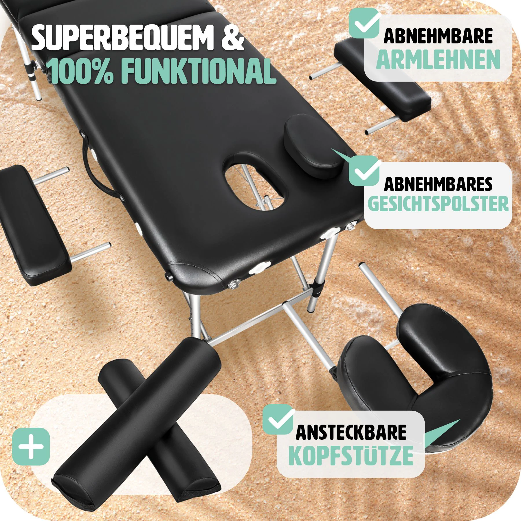 tectake® 3 Zonen Massageliege, inklusive Lagerungsrollen und Tragetasche, klappbar und höhenverstellbar, 210 x 95 x 63 - 89 cm