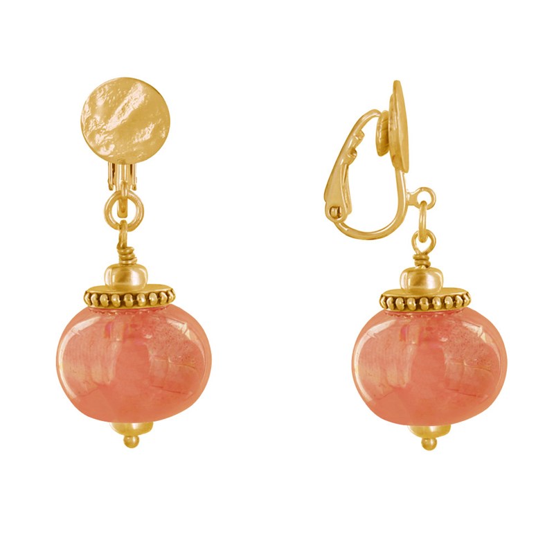 Boucles d'Oreilles Clip Métal Doré et Grosses Perles en Céramique