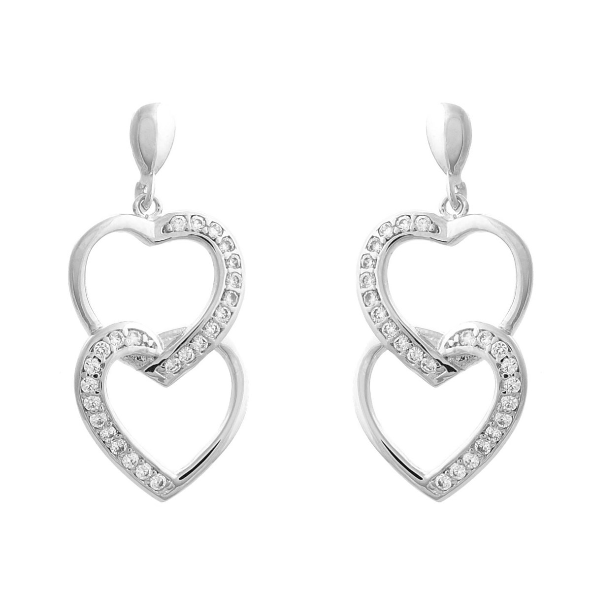Boucles d'oreilles 2 coeurs superposés sertis d'oxydes de zirconium Argent 925 Rhodié