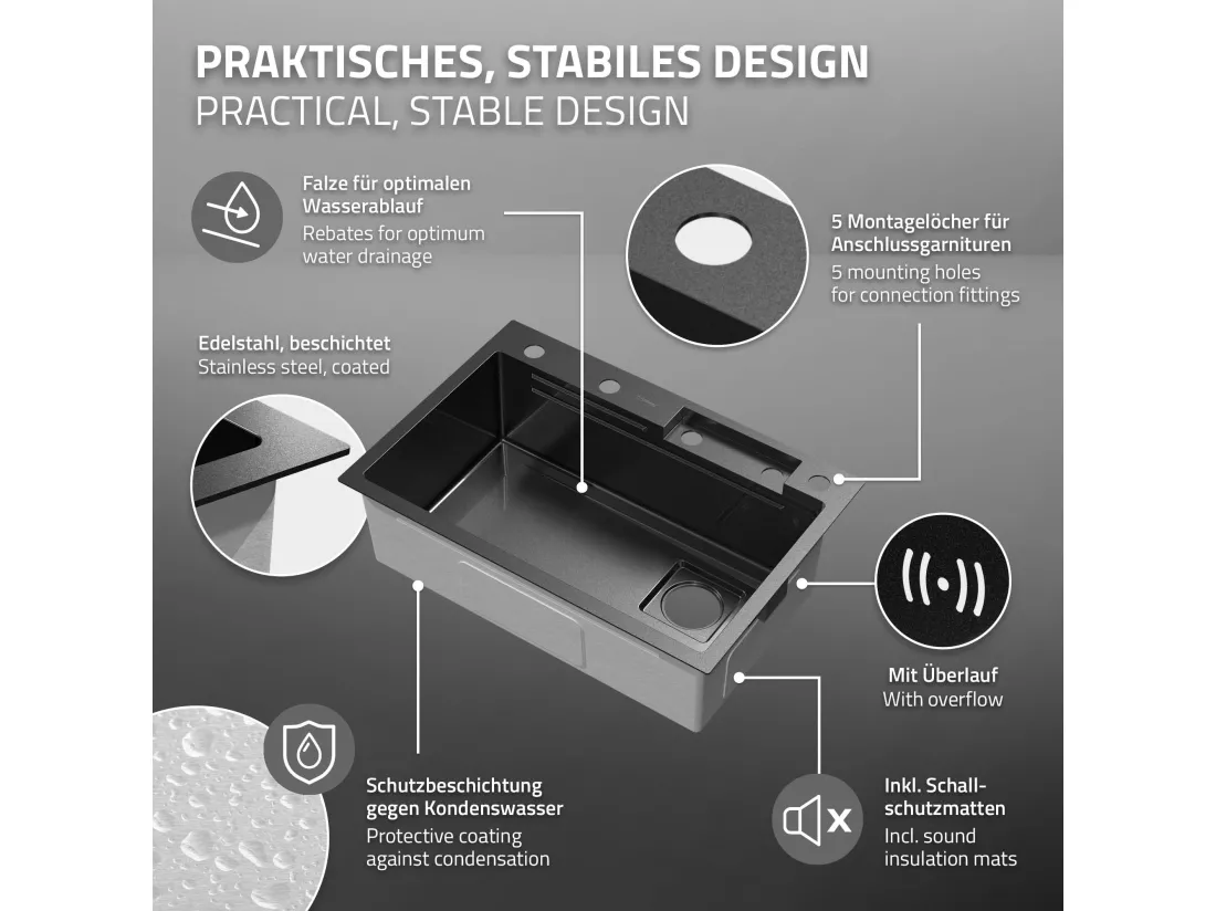 Évier de cuisine encasté multifonctions robinet douchette 68x46 cm anthracite