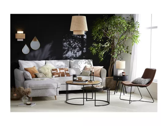 Canapé d'angle convertible réversible avec coffre 3-4 places en tissu bleu océan et bois clair DRISS
