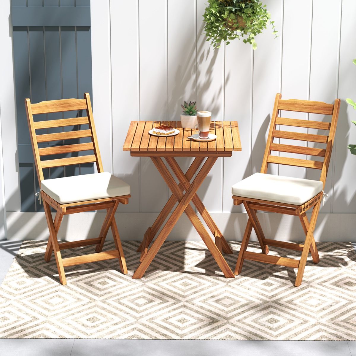 Ensemble Bistrot d'Extérieur en Bois d'Acacia Ensemble de Chaises Pliantes et Table Coussins de Siège Sans Accoudoirs à Dossier Haut Blanc - Lidl-Manfred