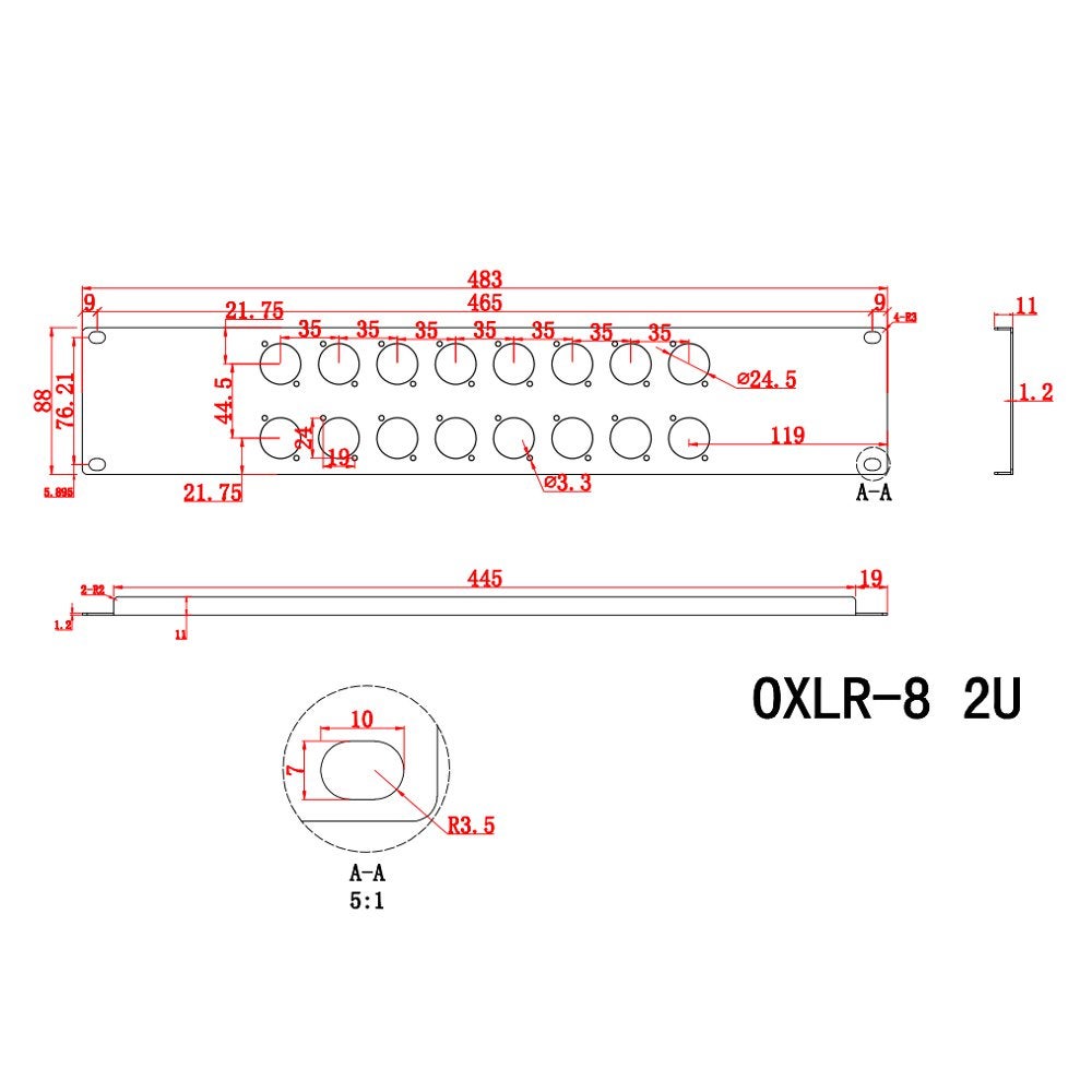 Prodjuser 2U XLR-8 metalen chassis paneel voor 16 XLR