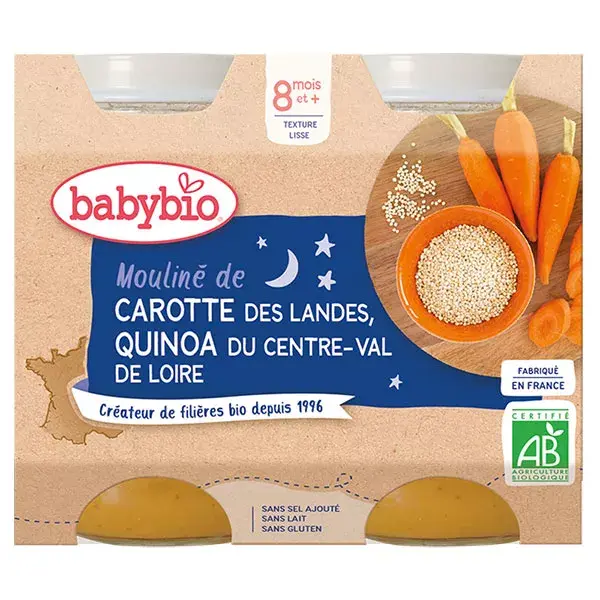 Purê de Cenoura e Quinoa Orgânico Babybio para Refeição Noturna (Pote +8m, 2 x 200g)