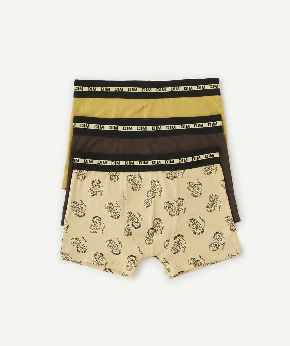 DIMLOT DE 3 BOXERS GARÇON FASHION COTON STRETCH MOUTARDE ET IMPRIMÉ ANIMAL