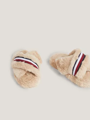 Pantufas de pele sintética com listras globais