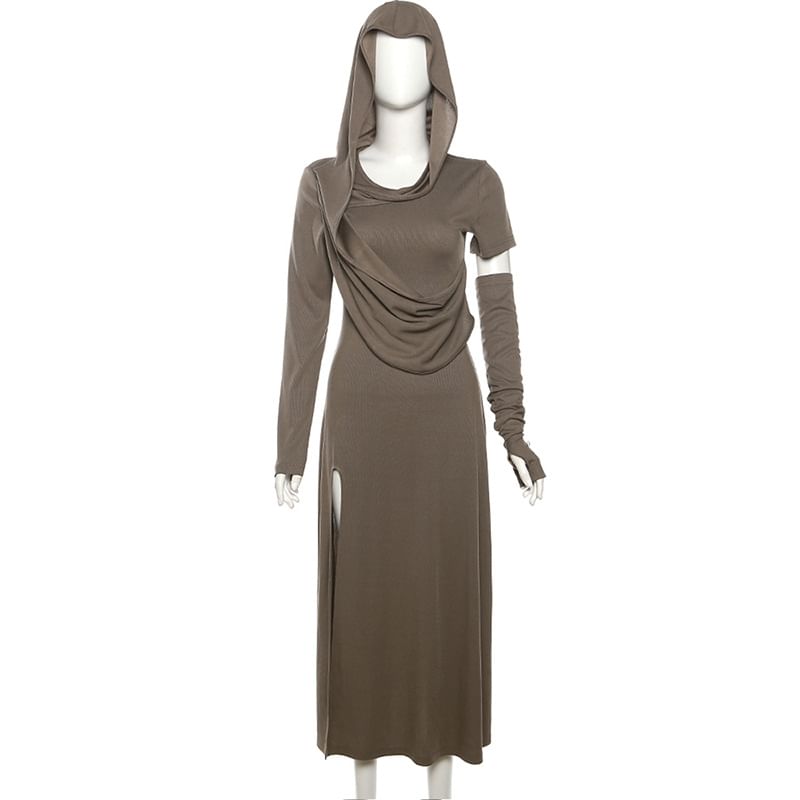 HERMITAKH - Set: Lange mouwen, capuchon, effen asymmetrische maxi-jurk met split + mouw