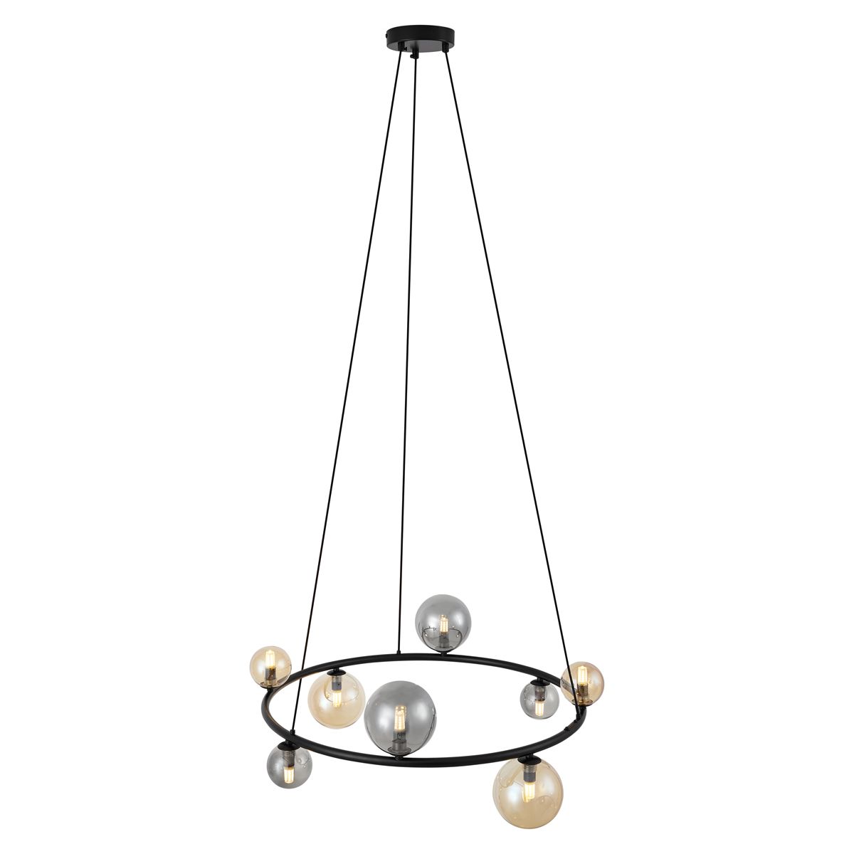 Hanglamp zwart met smoke en amber glas rond 8-lichts - Monaco