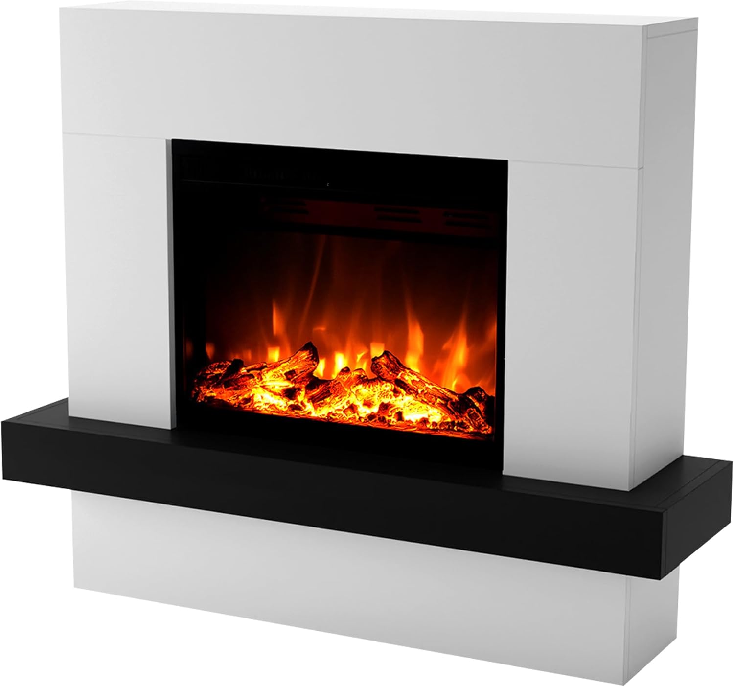 GLOW FIRE Elektrokamin mit Heizung und Kaminfeuer (Standkamin Pandora) - elektrischer Kamin mit LED-Feuer in 3 Farben, Heizlüfter, Holz-Deko & Fernbedienung, 114x97x32 cm, Weiß