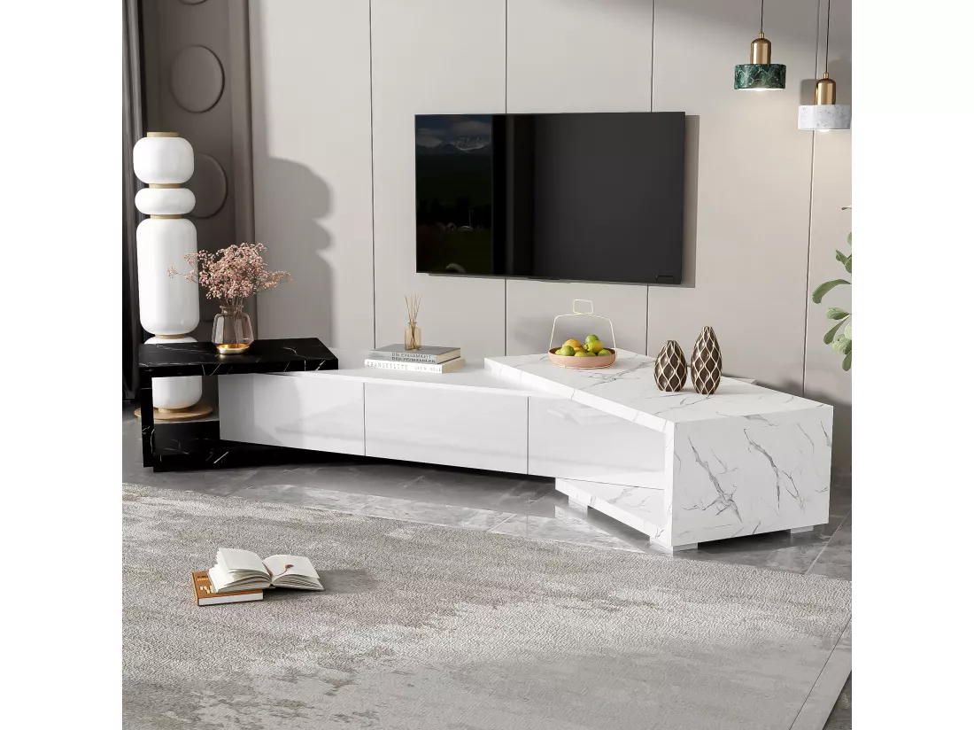 Meuble TV à longueur réglable (140-179,5 cm) - 3 portes abattantes - effet marbre - Blanc & Noir