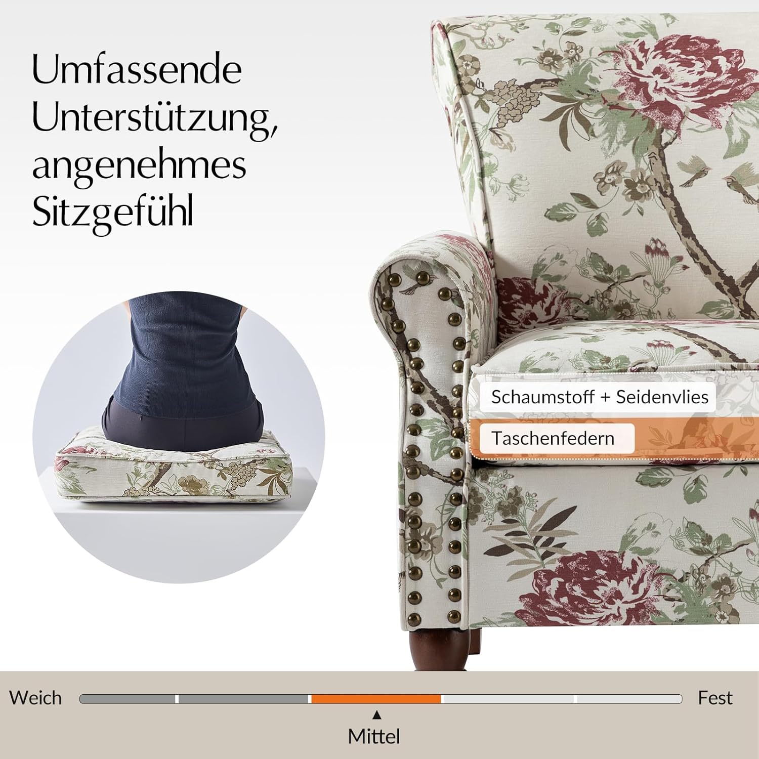 HULALA HOME Sessel gemütlich Ohrensessel Lesesessel bequem mit gerollten Armlehnen und Rücken Massivholzbeinen und Blumenmuster für Wohnzimmer Schlafzimmer, Weiß