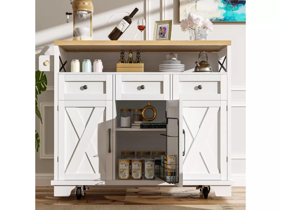 Ilot central de cuisine mobile avec 3 tiroirs, 3 portes et compartiment - 118 x 43/80 x 98 cm - MDF et métal - Blanc