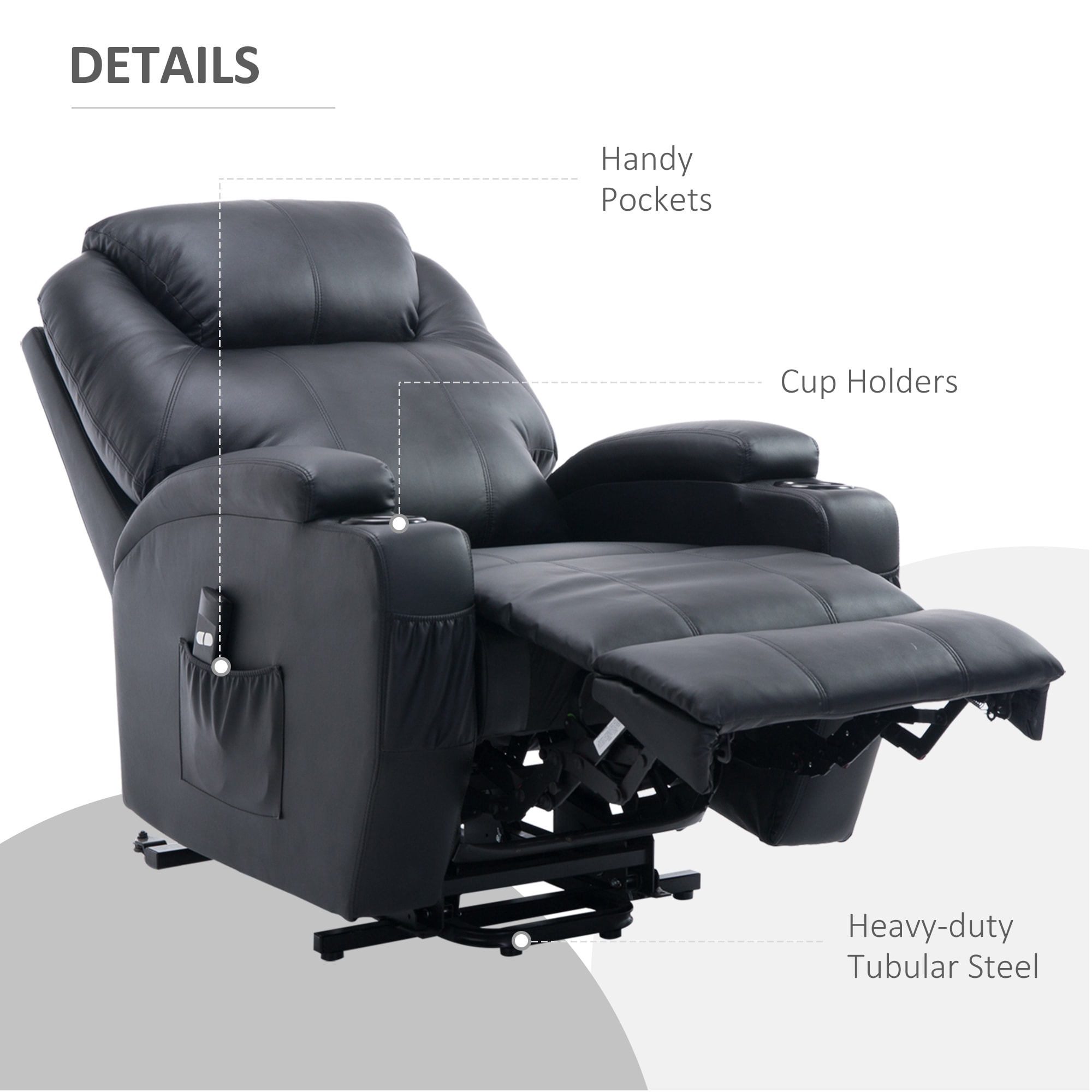 HOMCOM Fernsehsessel 2-in-1-Design, Becherhalter auf beiden Seiten, Sessellift Schwarz 84 x 92 x 109 cm (BxTxH)