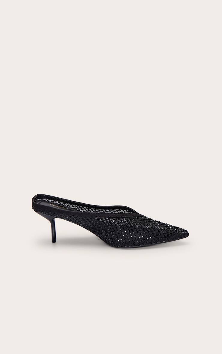 Noir Mules À Talon Avec Maille Ornée De Strass Et Découpe En V