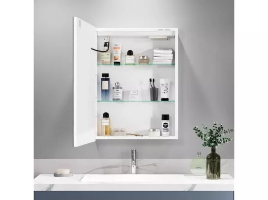 Armoire murale de salle de bain, avec miroir anti-buée et Interrupteur à Détecteur, armoire de toilette avec éclairage, 60x45x13cm