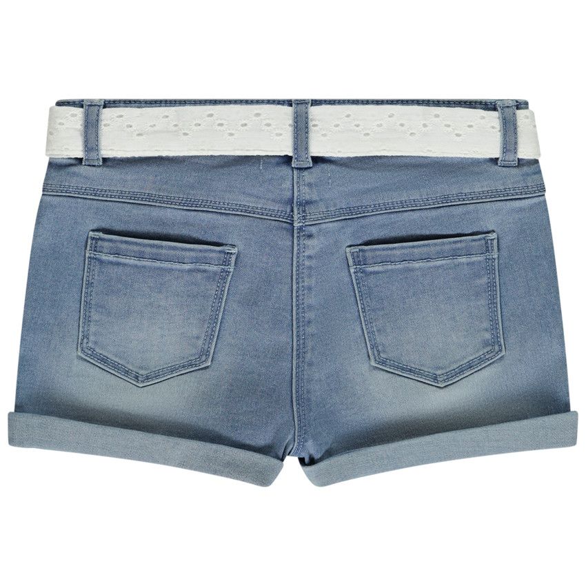 Short en jean avec ceinture en broderie anglaise pour fille - Bleu