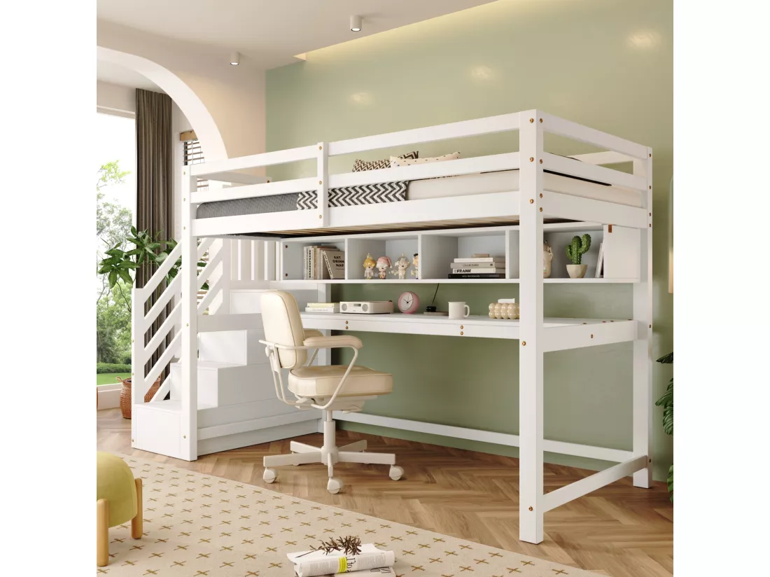 Lit Mezzanine enfant - 90 x 200 cm - avec bureau et étagères - 4 rangements dans l'escalier - bois massif + MDF - blanc