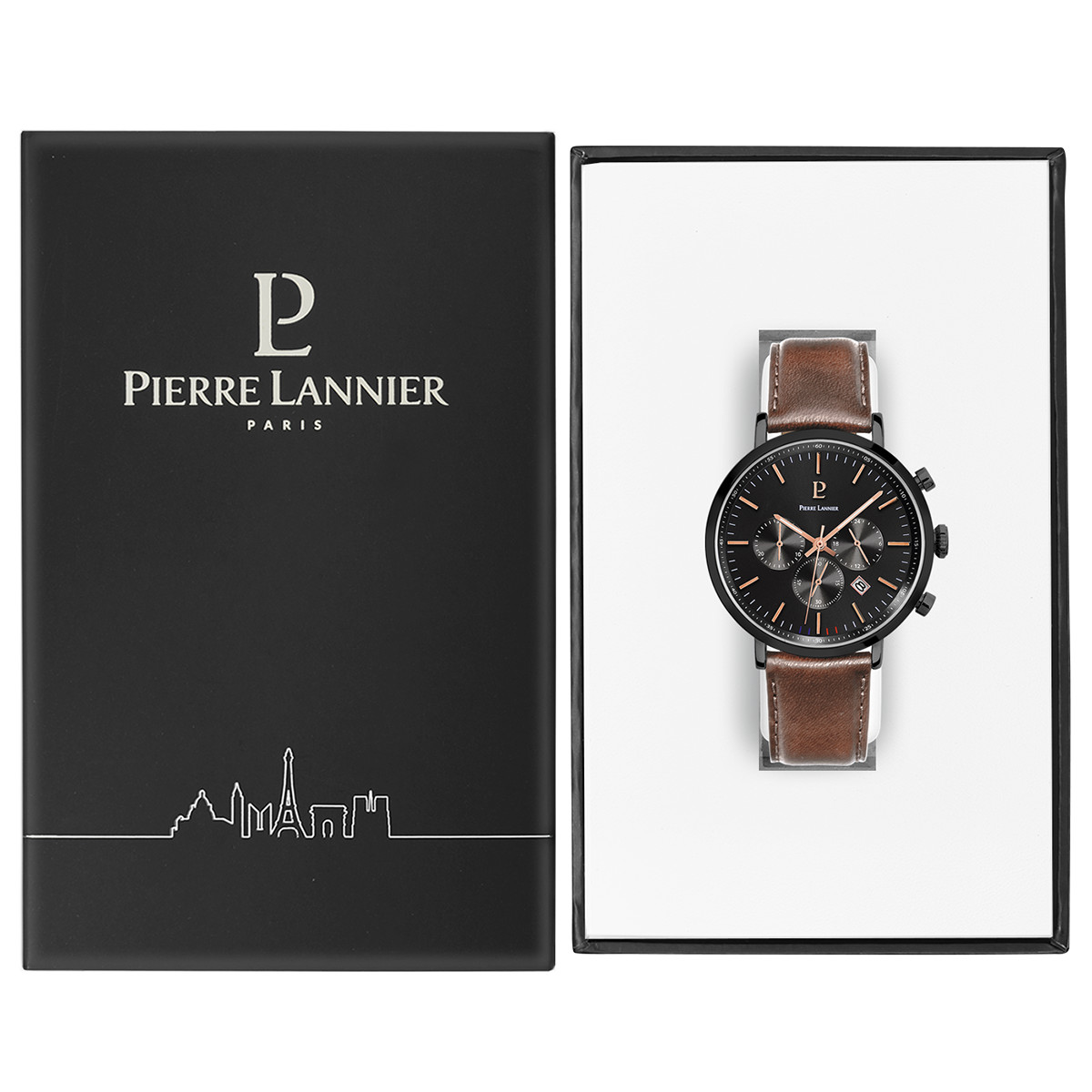 Montre Pierre Lannier homme acier noir bracelet cuir marron