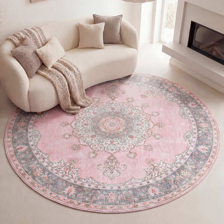 Rond vintage vloerkleed - Lily Medaillon Roze | Fleurig