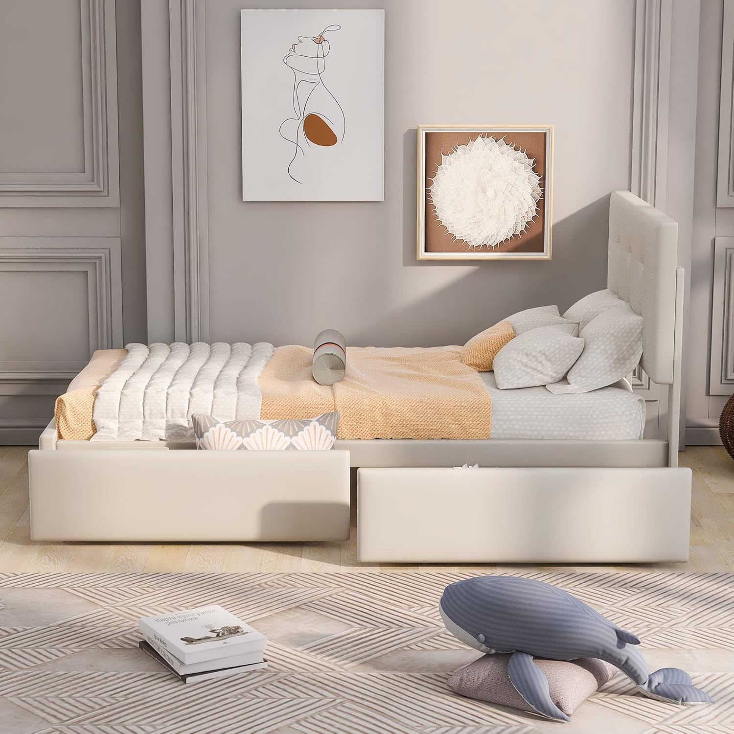 Polsterbett mit Lattenrost und Schubladen, 90x200 cm, Einzelbett mit höhenverstellbarem Kopfteil, Bezug aus Samt (beige)
