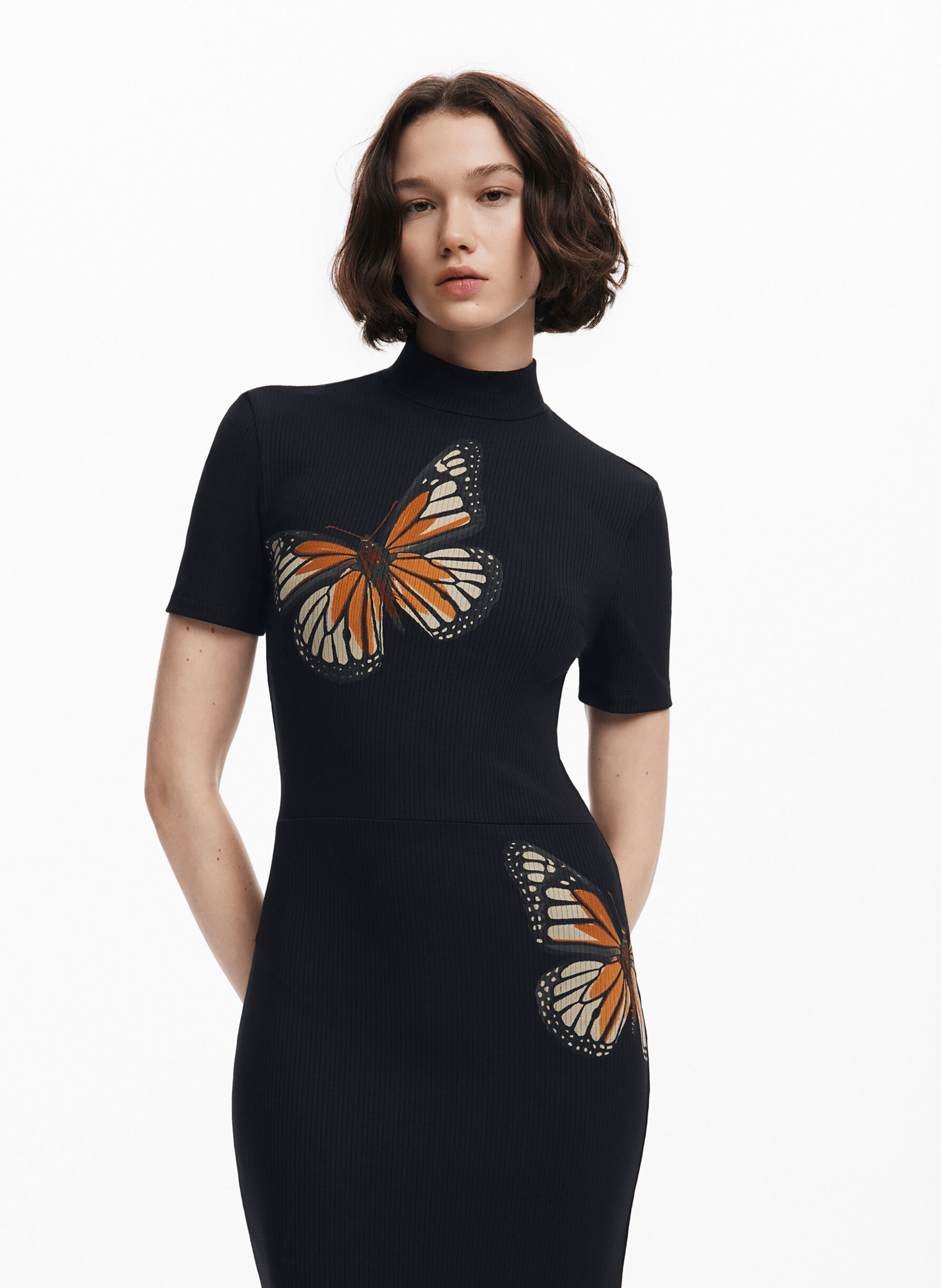 Robe midi slim à papillons| Noir