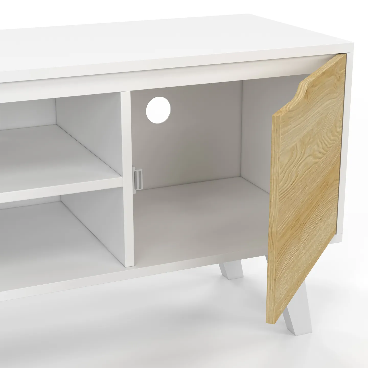 Meuble TV 110 cm FINN blanc 2 portes façon hêtre