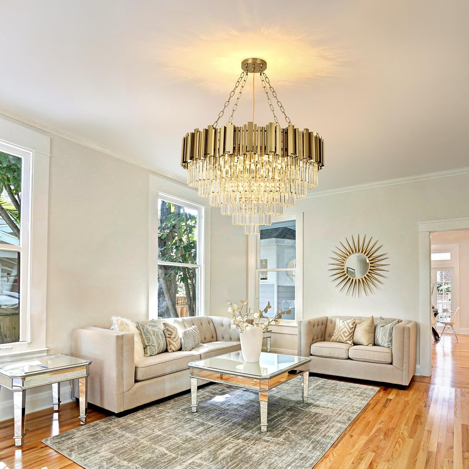 Modern Crystal Chandelier Gold Pendant Light Fixtures, Round Crystal Pendant Lighting for Living Room, Dining Room, Bedroom, Restaurant, E14 x 12, Φ80cm