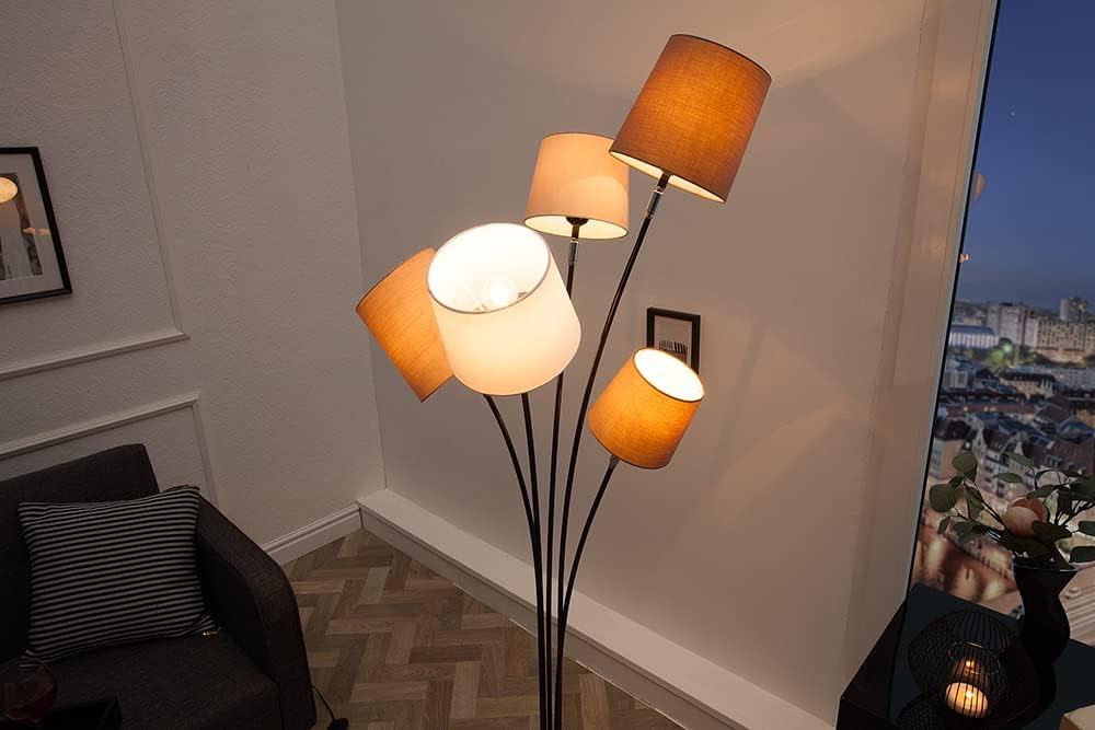 Design Stehleuchte LEVELS weiß beige braun mit 5 Leinen Schirmen Stehlampe Wohnzimmerleuchte Leselampe