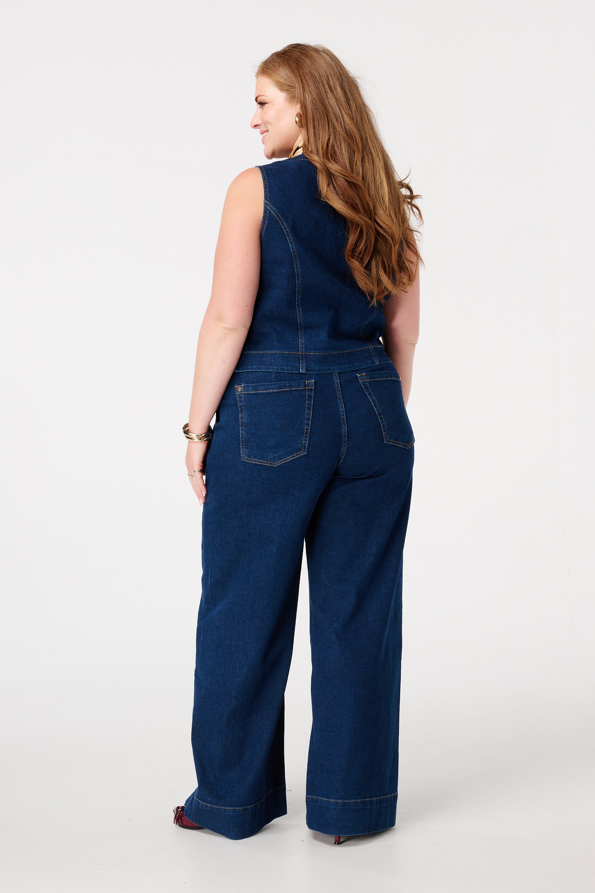 Wide leg jeans met sierknopen Rinse Washed Denim