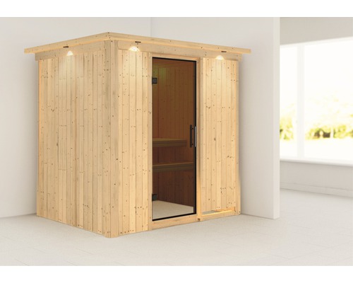Karibu Wanja plug & play sauna zonder kachel, met dakrand en grafietkleurige volledig glazen deur